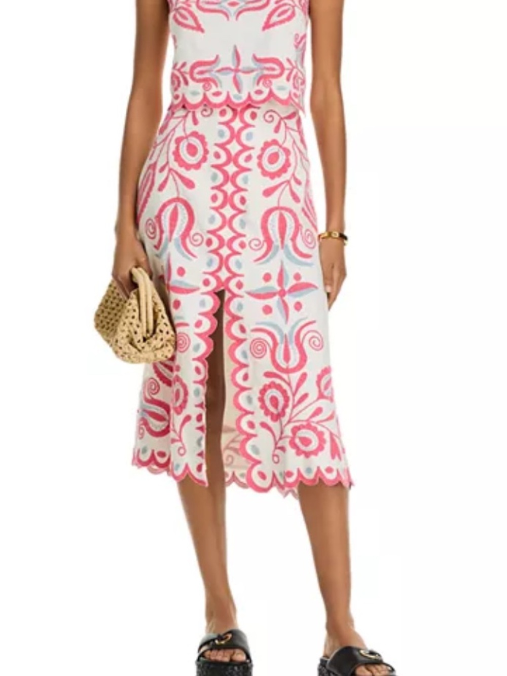 Sea Eevi Embroidered Twill Midi Skirt and Top. Pink, gray, & white. Sold as set